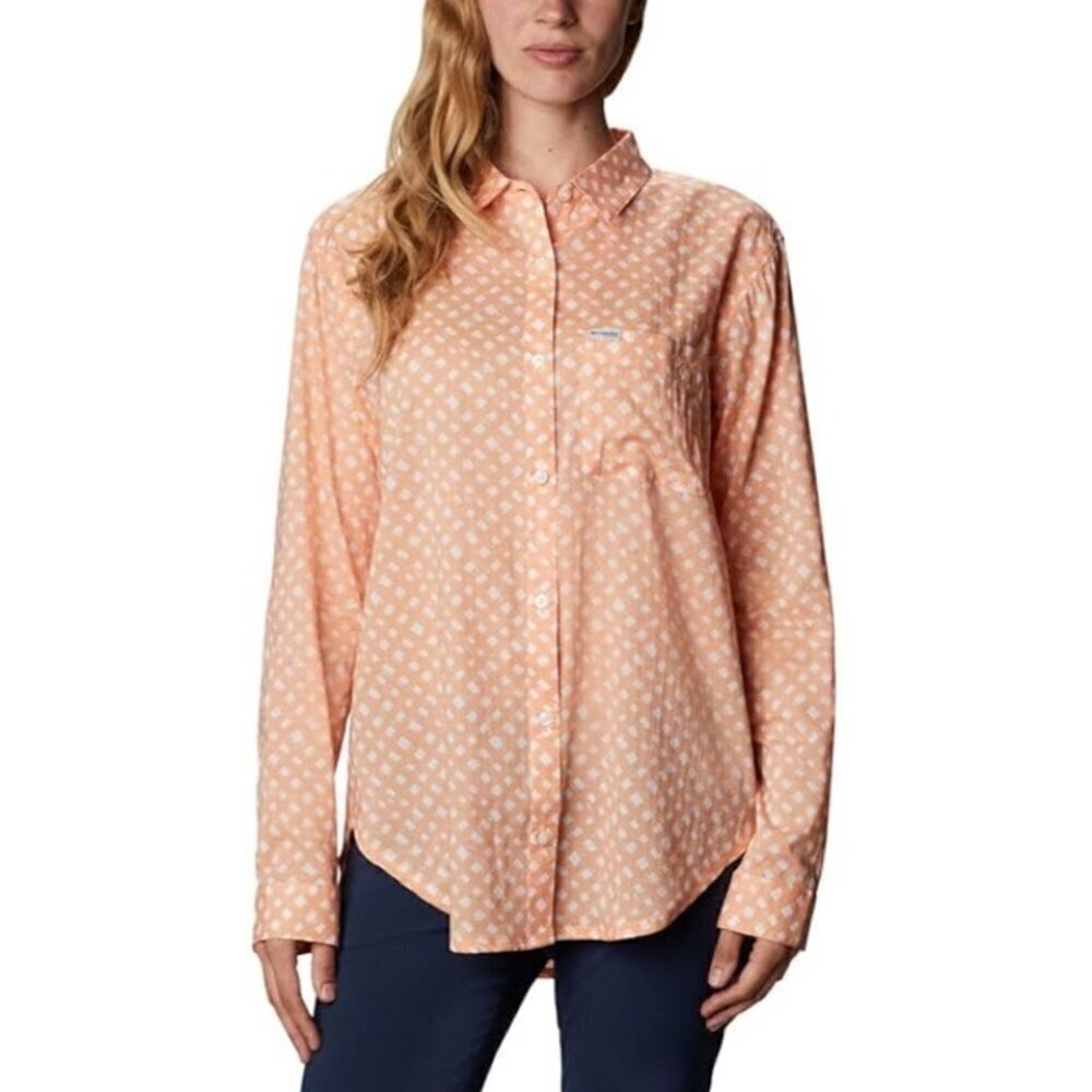 Columbia PFG Women's Slack Water Woven Long Sleeve Shirt Popover XL Orange Cream